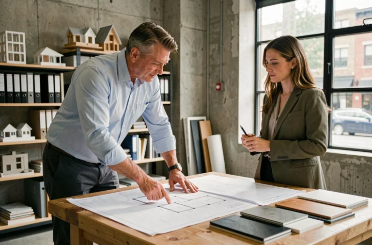 Architecte et client étudiant des plans de construction lors d'une consultation personnalisée dans un studio professionnel