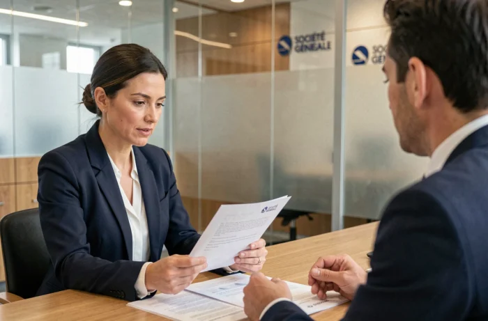 Une femme consulte un conseiller bancaire dans une agence Société Générale pour découvrir les offres et services disponibles pour les particuliers