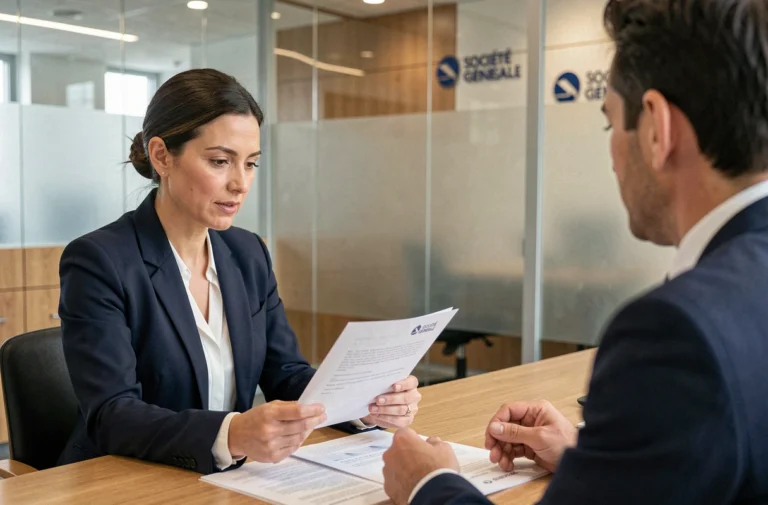 Une femme consulte un conseiller bancaire dans une agence Société Générale pour découvrir les offres et services disponibles pour les particuliers