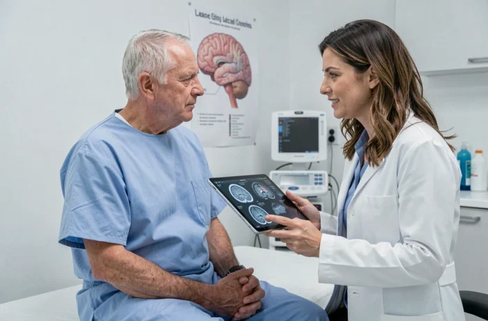Patient âgé en consultation neurologique discutant d'un diagnostic de leucopathie avec son médecin