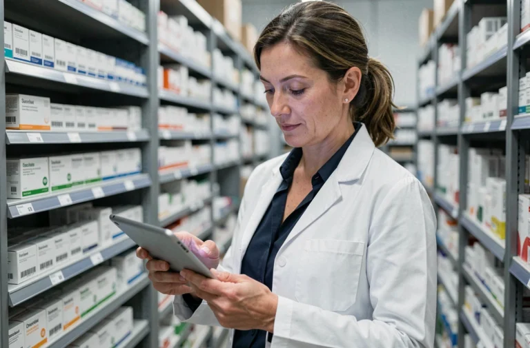 Coordinatrice logistique pharmaceutique consultant une tablette numérique dans un entrepôt médicamenteux climatisé en France