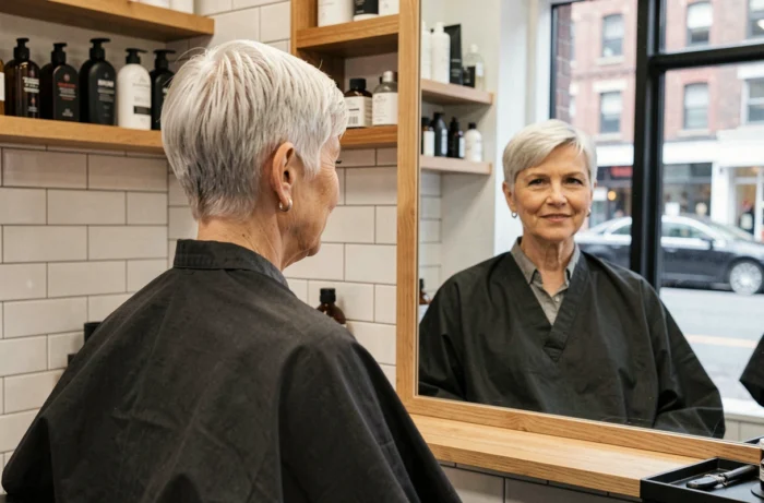 Femme de 60 ans avec une coupe courte argentée pixie assise dans un salon de coiffure moderne, regardant son reflet dans le miroir avec satisfaction