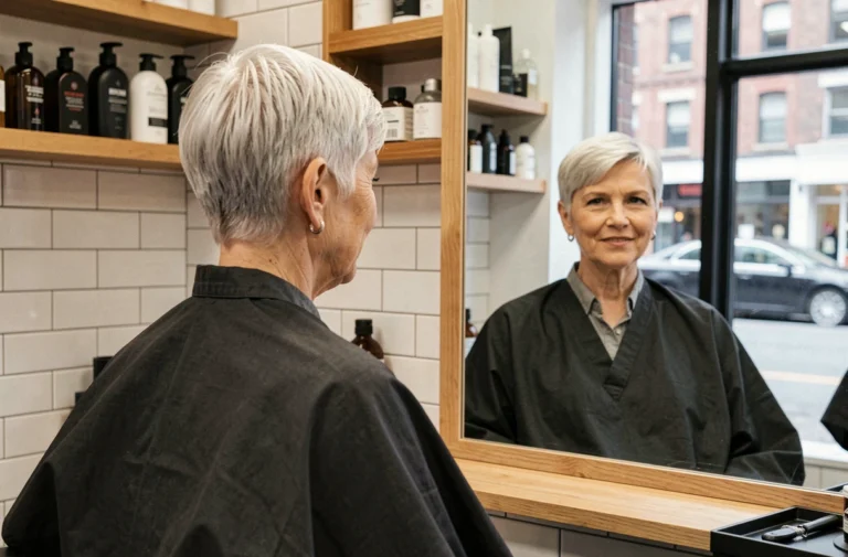 Femme de 60 ans avec une coupe courte argentée pixie assise dans un salon de coiffure moderne, regardant son reflet dans le miroir avec satisfaction