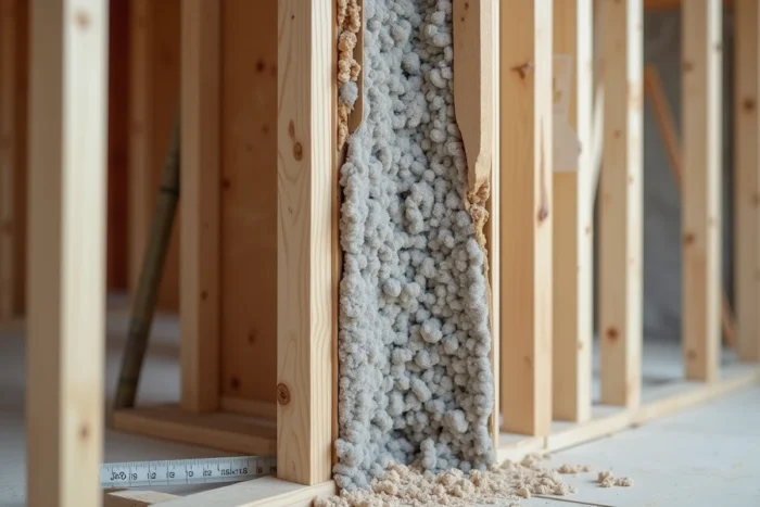 Coupe transversale d'une cavité murale révélant la densité et la texture de la ouate de cellulose soufflée entre les montants en bois