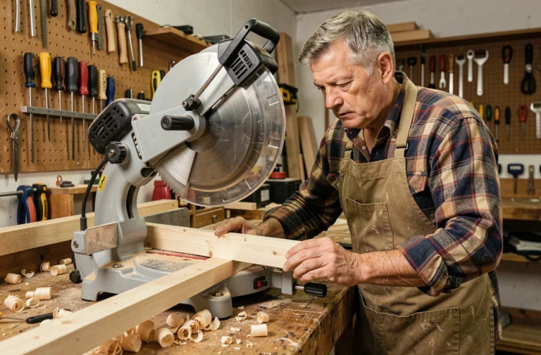 Artisan positionnant une plinthe en bois sur une scie à onglet réglée à 45 degrés dans un atelier de menuiserie