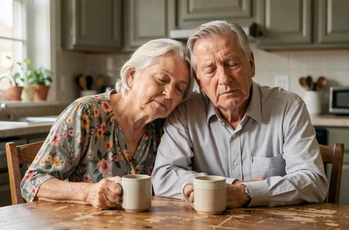 Couple de personnes âgées aux yeux fermés attablés ensemble dans une cuisine familiale