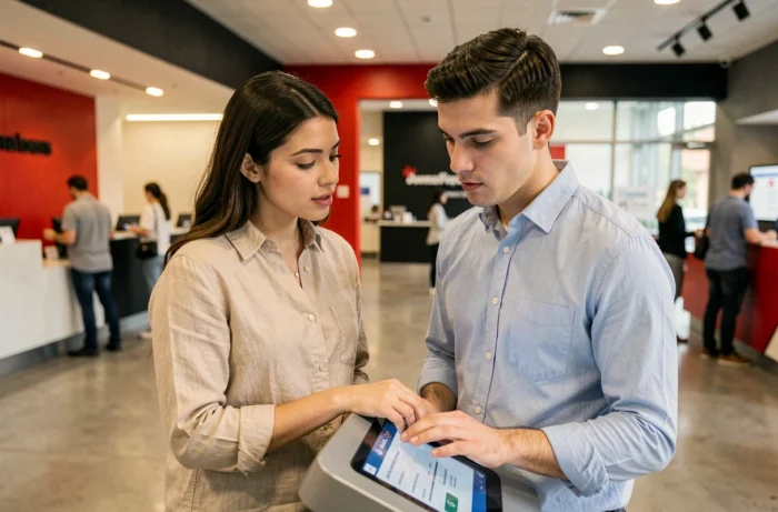 Un jeune couple explore les offres et services disponibles sur une borne interactive dans une agence bancaire Société Générale