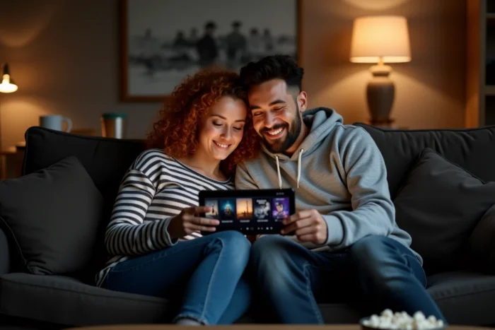 Couple consultant un catalogue de films sur tablette pour choisir un streaming légal ensemble