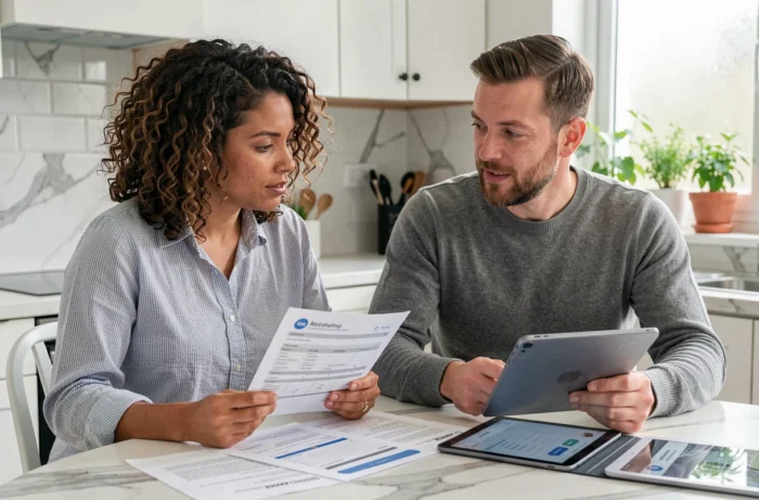 Couple comparant des estimations immobilières gratuites et payantes à la table de cuisine