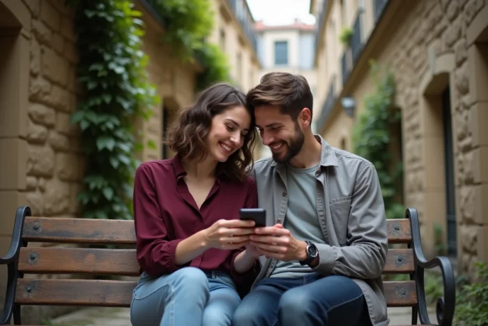 Couple complice assis dans une cour parisienne, partageant un moment de complicité, illustrant la vie amoureuse et la relation de couple en 2026