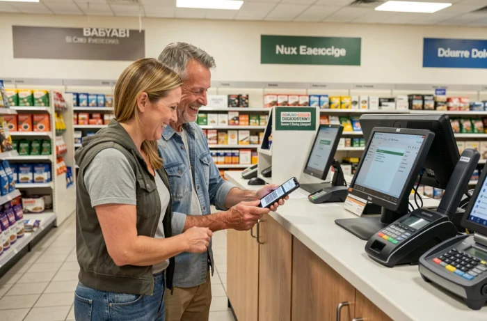 Couple utilisant un code promo à la caisse d'un magasin Leroy Merlin pour économiser sur leurs achats