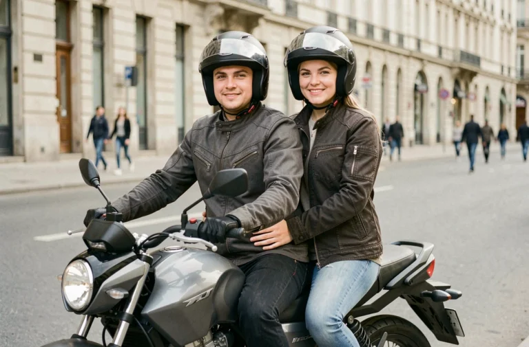 Couple à deux sur une moto 125cc confortable en ville, portant casques et vestes de moto assortis