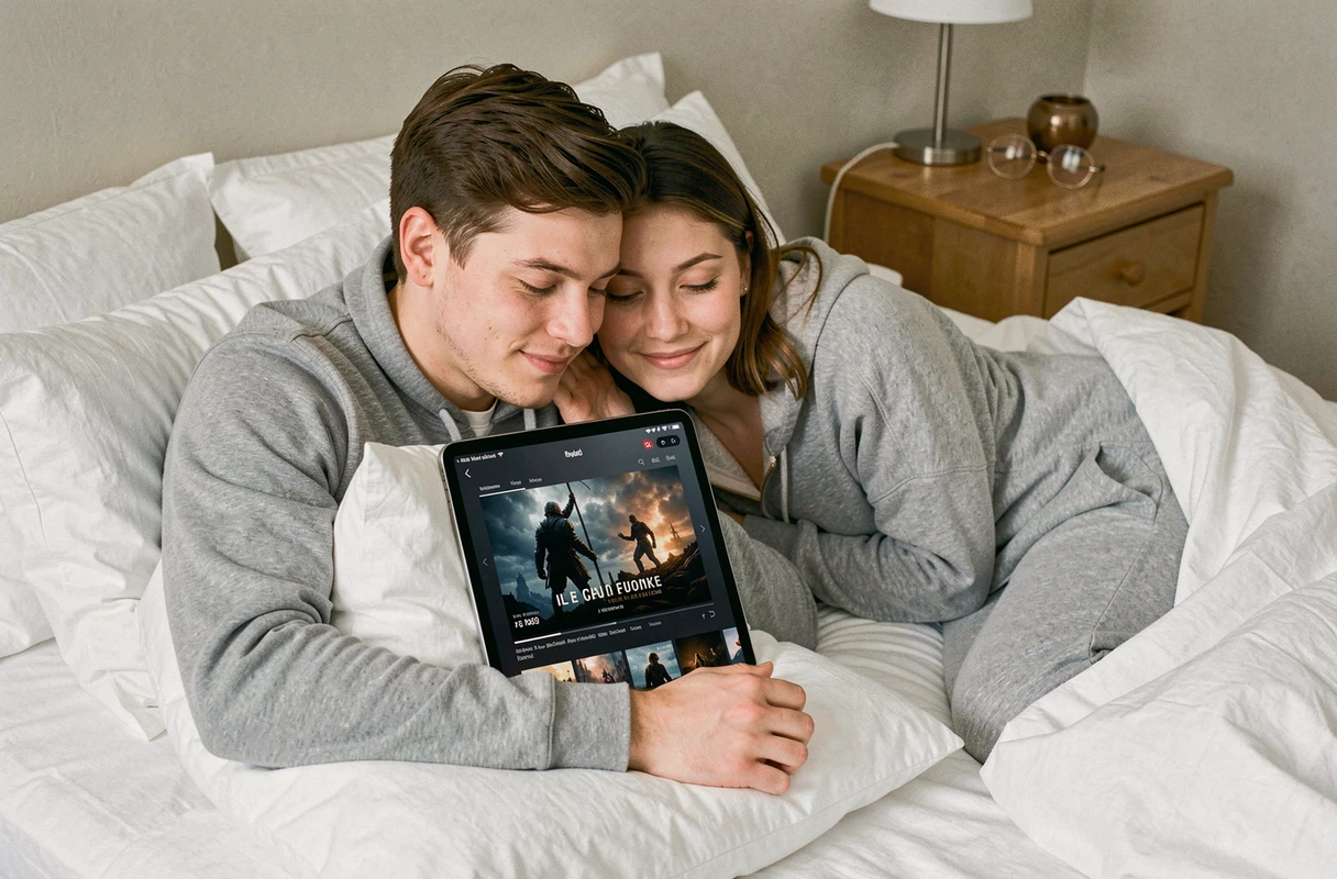 Couple regardant une série fantasy en streaming sur une tablette dans leur chambre