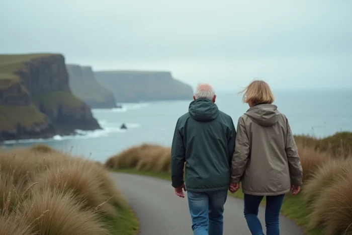 Couple de retraités se promenant main dans la main sur un sentier côtier au bord de la mer