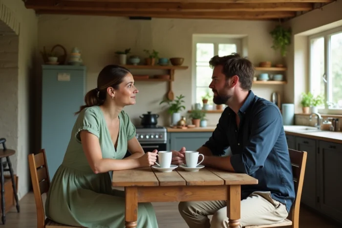 Couple complice autour d'un café dans une cuisine rustique française symbolisant la vie de couple et l'intimité partagée