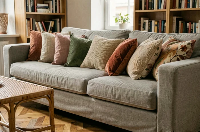 Coussins et textiles dépareillés en velours, lin et coton sur un canapé gris pour décorer le salon