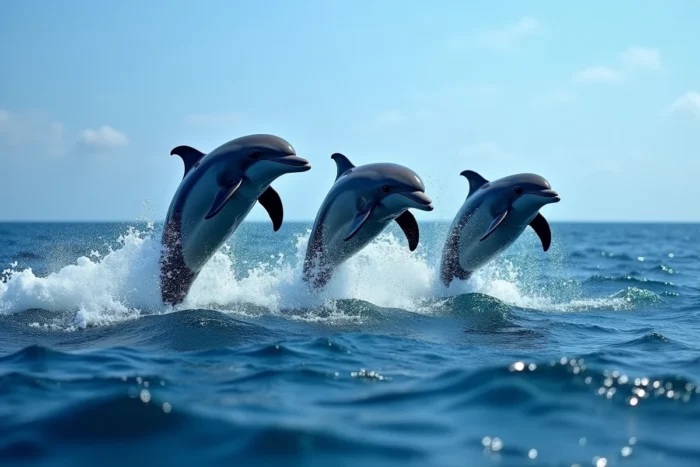 Groupe de dauphins sauvages bondissant hors de l'océan bleu profond, gouttes d'eau en suspension autour de leurs corps luisants