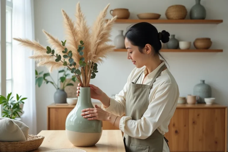 Femme arrangeant des plantes séchées dans un vase en céramique sur un meuble en bois dans un salon au style scandinave