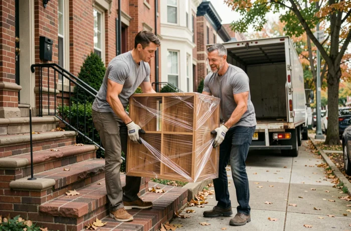 Deux déménageurs portant un meuble enveloppé hors d'une maison en brique vers un camion de déménagement dans une rue résidentielle en automne