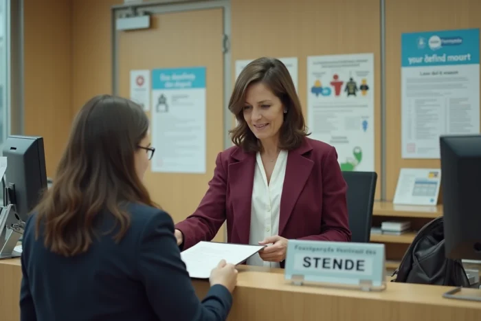 Femme déposant des documents administratifs au guichet d'une agence CAF pour déclarer une séparation