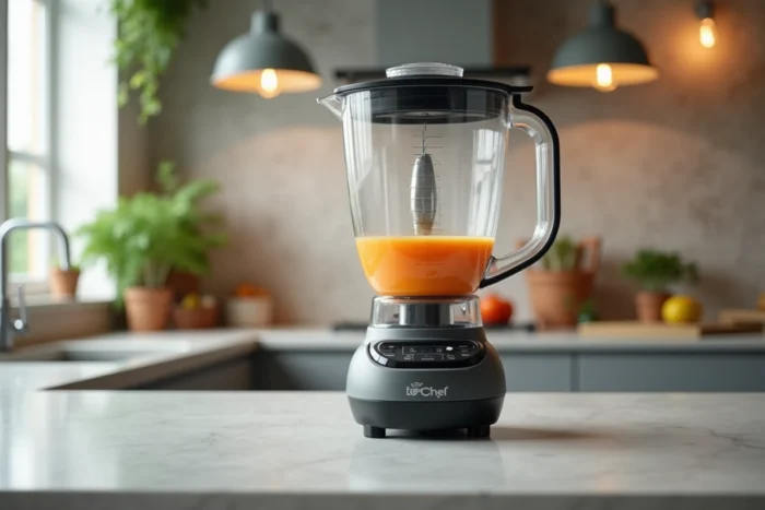 Gros plan sur le panneau de commande et les lames du mixeur blender Top Chef avec une soupe de carotte mixée