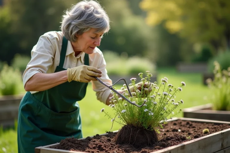 Femme divisant une touffe de tanaisie avec une fourche dans un jardin d'herbes aromatiques au printemps