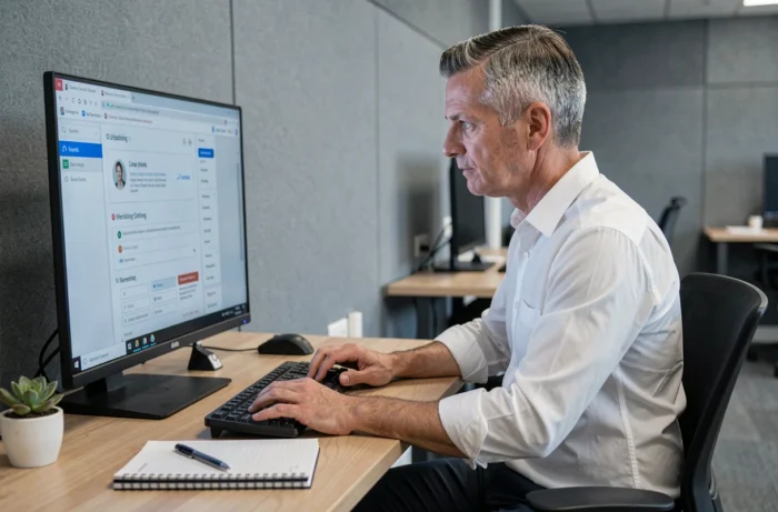 Salarié suivant un module de e-learning dans un espace de formation numérique en entreprise