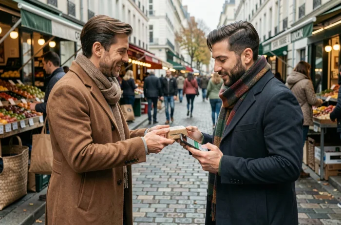 Acheteur et vendeur sécurisant un échange en personne sur Leboncoin en vérifiant la confirmation de paiement sur smartphone