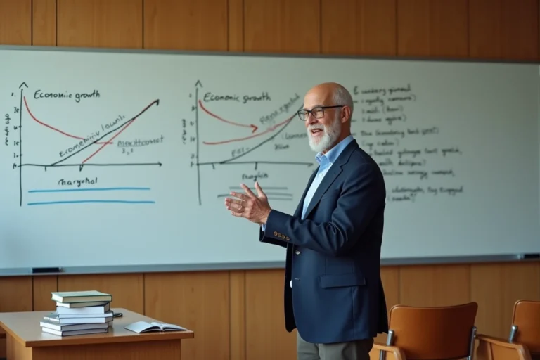 Économiste devant un tableau blanc expliquant les courbes de croissance extensive et intensive en salle de séminaire universitaire