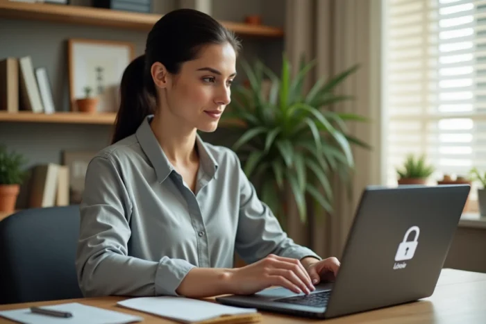 Employée de La Poste en télétravail accédant à son espace extranet GTA depuis un ordinateur portable à domicile