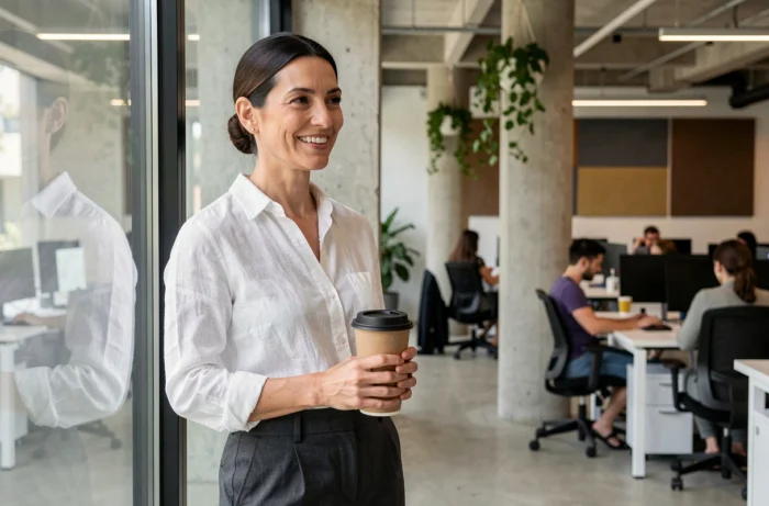 Femme cheffe d'entreprise souriante dans un espace de coworking moderne, illustrant le networking féminin et l'entrepreneuriat