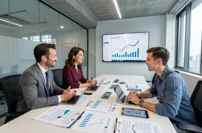 Équipe de professionnels collaborant autour de rapports de performance dans une salle de réunion moderne