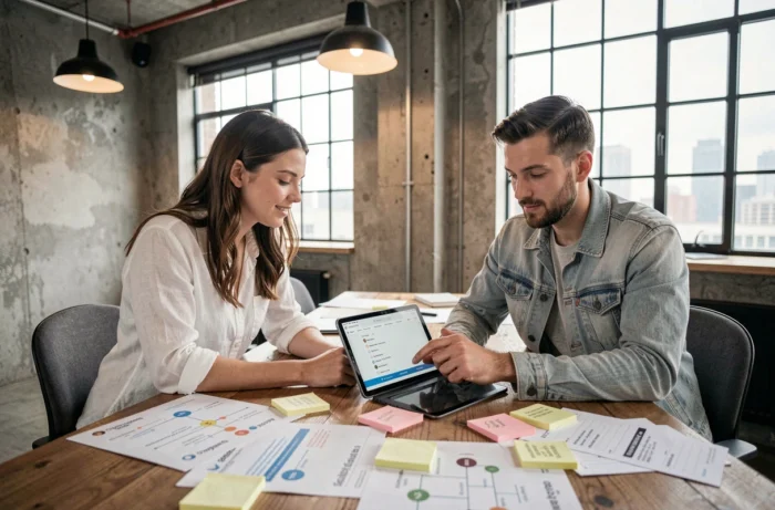 Deux professionnels du marketing digital collaborant sur une stratégie de webmarketing local dans un espace de coworking