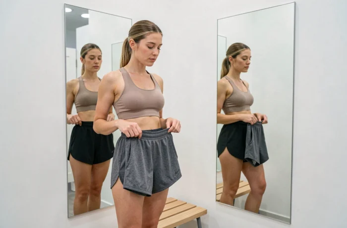 Femme essayant un short de sport dans une cabine d'essayage de magasin de sport en comparant les tailles et les coupes