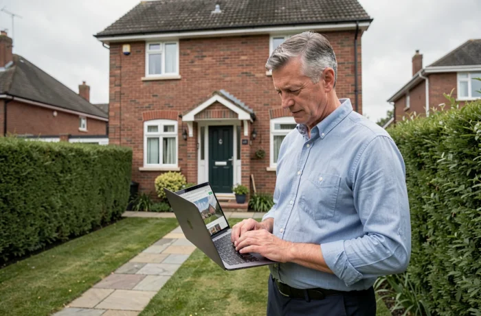 Propriétaire évaluant sa maison en ligne depuis l'extérieur avec un ordinateur portable