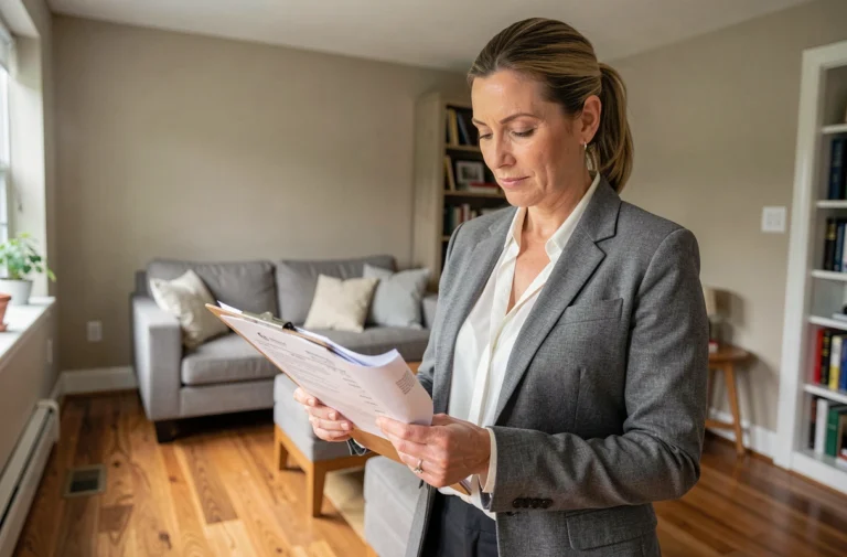 Femme estimant la valeur de sa maison en intérieur avec des documents d'évaluation immobilière