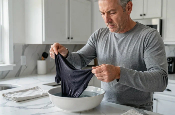 Homme étirant des chaussettes mouillées dans un bol d'eau sur un plan de travail de cuisine pour les élargir