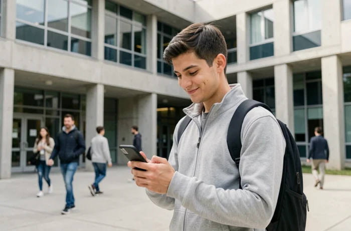 Étudiant utilisant une application universitaire sur son téléphone devant un bâtiment du campus Aix-Marseille