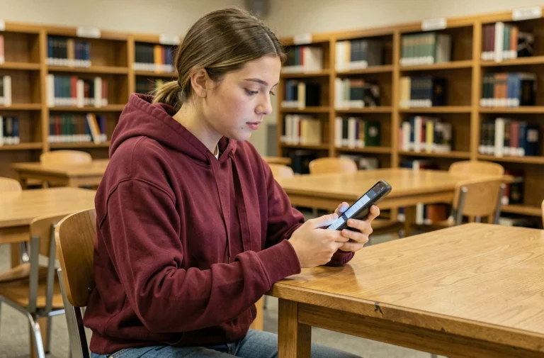 Étudiante consultant l'application Esterel Aix-Marseille sur son smartphone dans une bibliothèque universitaire