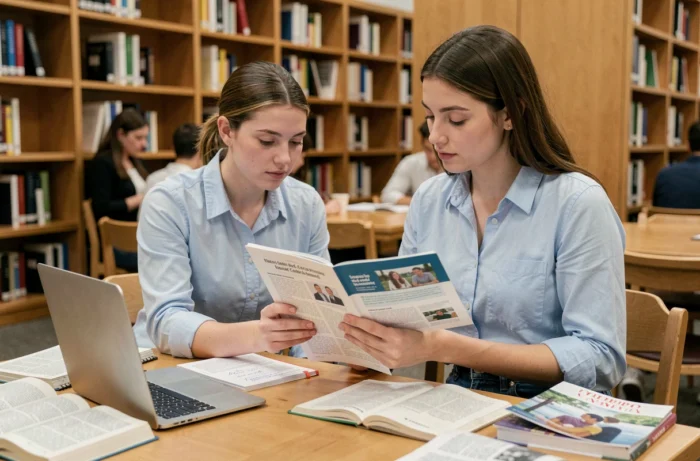 Étudiante comparant des brochures de formations Bachelor et BTS dans une bibliothèque universitaire moderne