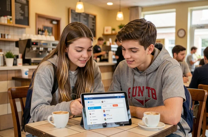 Deux étudiants explorant ensemble les fonctionnalités de l'application Esterel sur une tablette dans un café universitaire