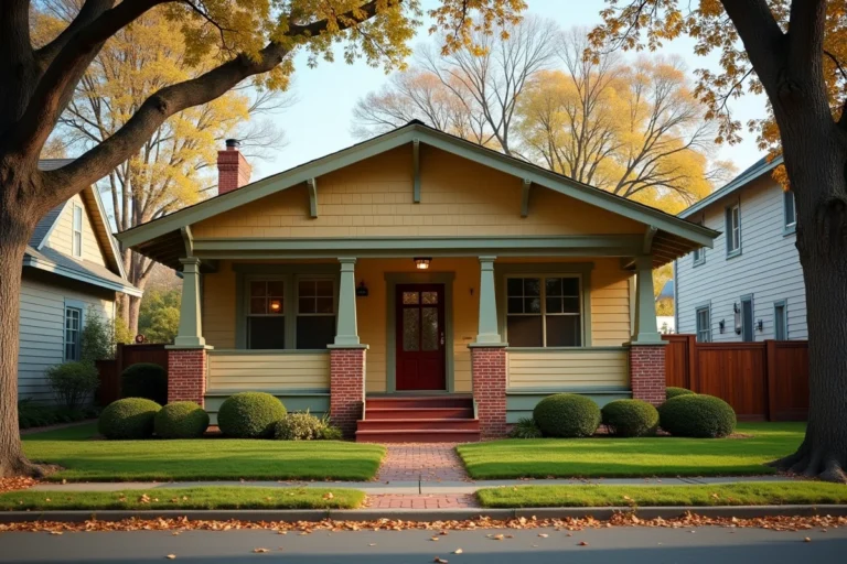 Façade extérieure d'une maison bungalow artisanal des années 1920 avec porche en bois, colonnes effilées et boiseries peintes en crème et vert sauge