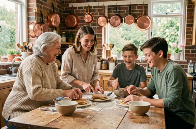 Grand-mère et famille préparant des crêpes ensemble dans une cuisine rustique chaleureuse