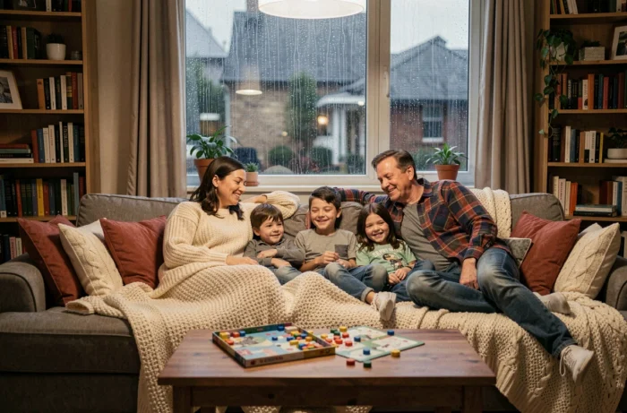 Famille réunie dans le salon autour d'un jeu de société lors d'une soirée pluvieuse