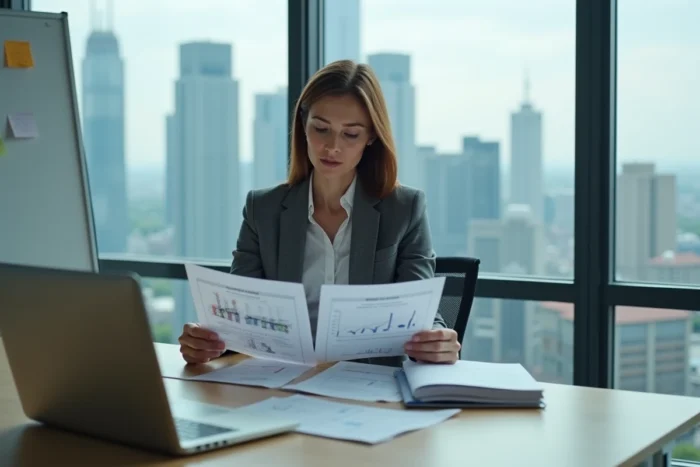 Femme d'affaires analysant des rapports de croissance extensive et intensive dans un bureau moderne avec vue sur la ville