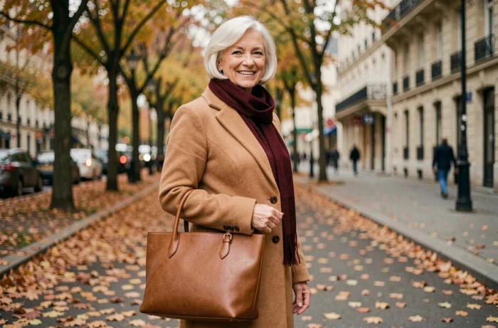 Femme élégante de 68 ans arborant un carré court blanc impeccable en promenade automnale sur un trottoir parisien, manteau camel et écharpe bordeaux