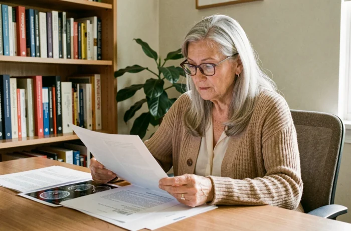 Femme âgée consultant des documents médicaux sur la leucopathie Fazekas 3 à son bureau à domicile