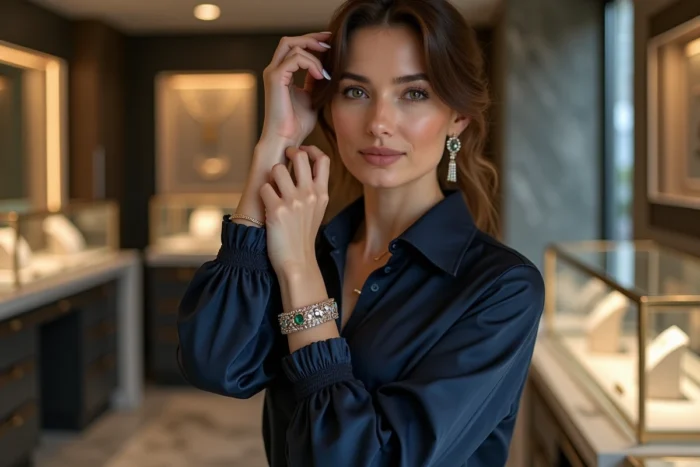 Femme élégante admirant un bracelet manchette en or rose et émeraudes dans une boutique de bijouterie de luxe