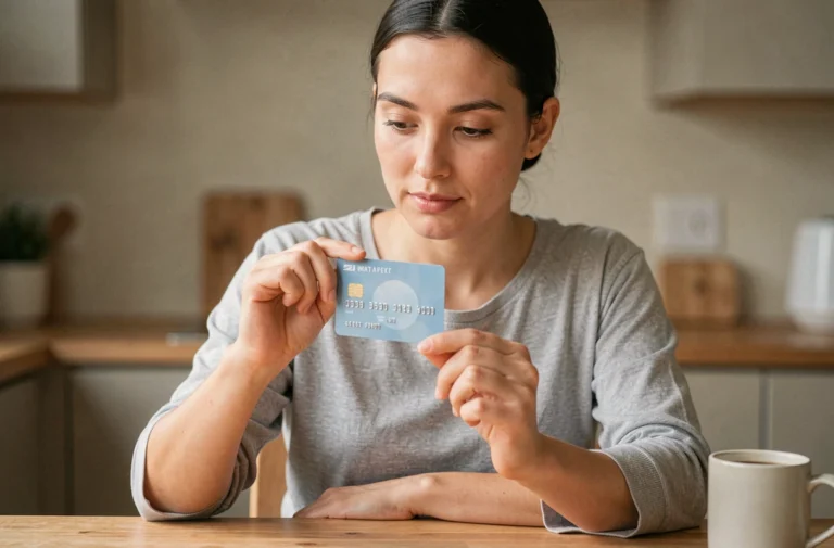 Femme tenant une carte bancaire et regardant la date d'expiration au format MM AA