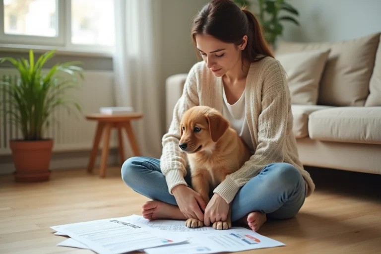 Femme tenant un chiot golden retriever en consultant des documents d'assurance santé animale dans un salon chaleureux